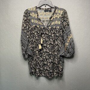 Rachel Roy Womens Boho Blouse Top With Tassels Floral Print Black & Beige S